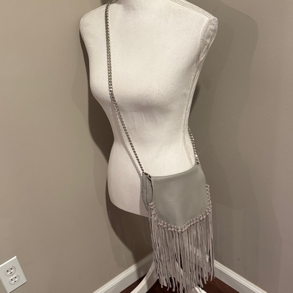 Zara gray leather crossbody mini flap bag with fringe and silver link chain - Picture 2 of 9